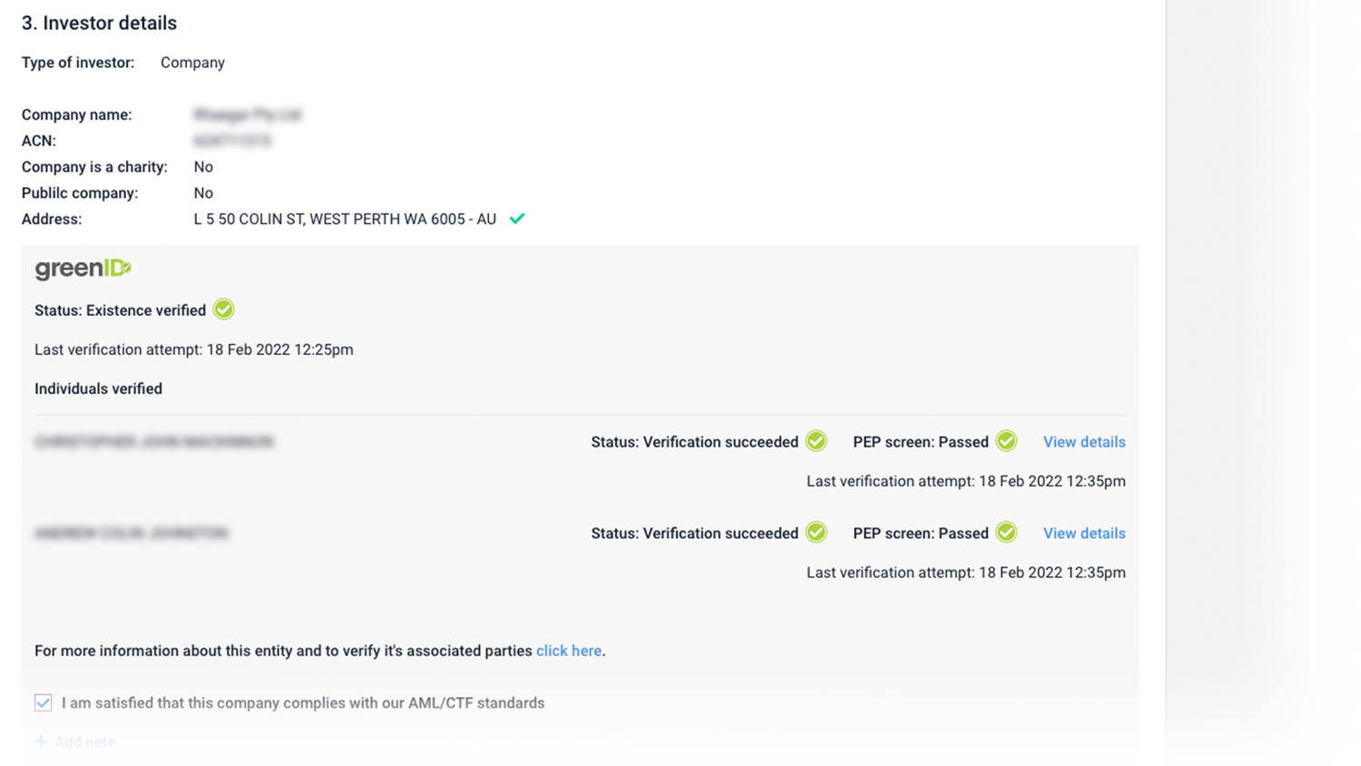 GreenID verification UI showing investor details with verified individuals and PEP screening status;