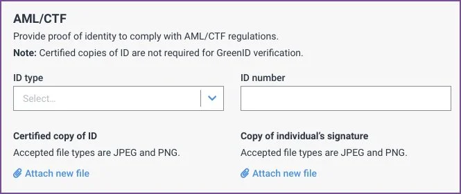 AML/CTF form with ID type, ID number, and file attachment fields.