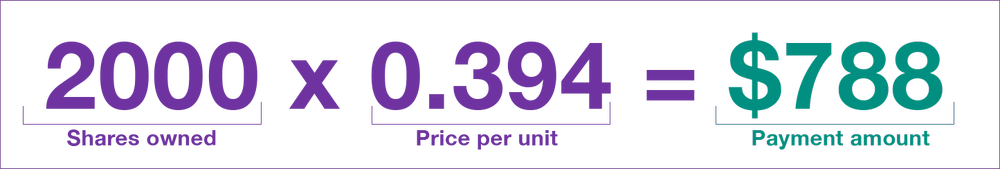 Equation: 2000 shares owned times 0.394 price per unit equals $788 payment amount.