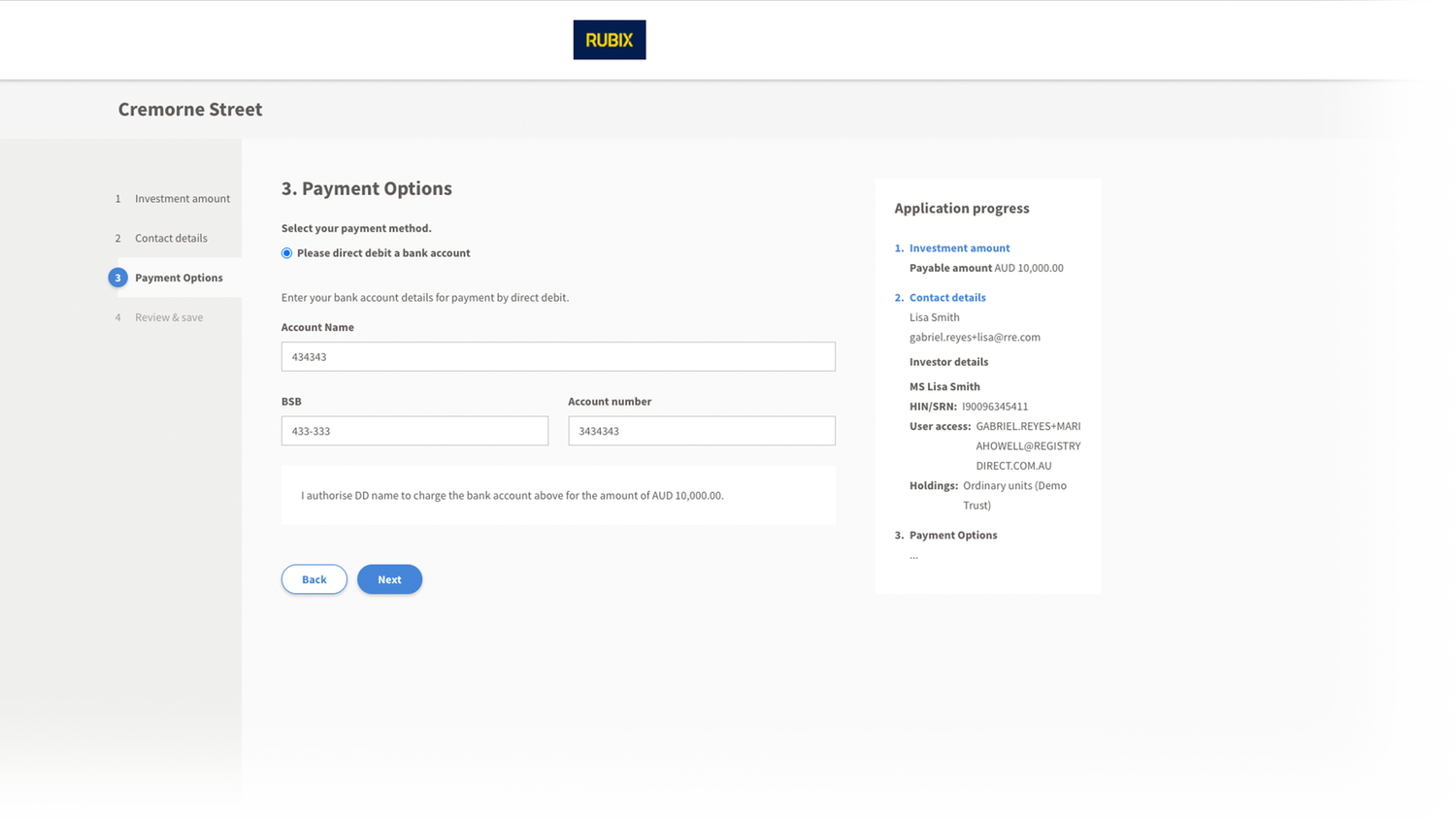 Rubix capital raising application form, Payment Options step with bank details and application progress sidebar.