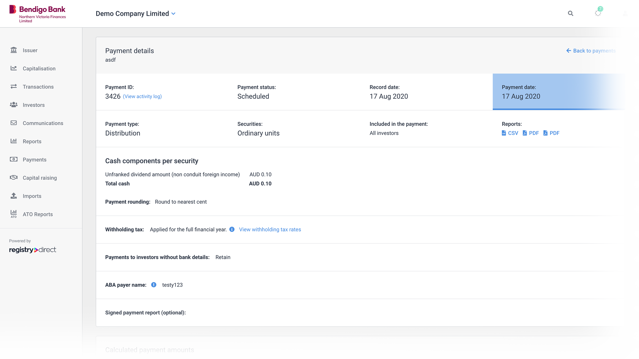 Registry Direct payment details screen for a scheduled distribution payment.